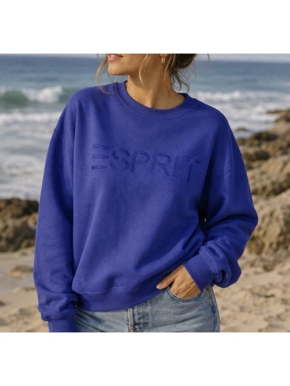 Esprit Women's Logo Fleece Crewneck Sweatshirt Embroidered 80s Retro Viral Small